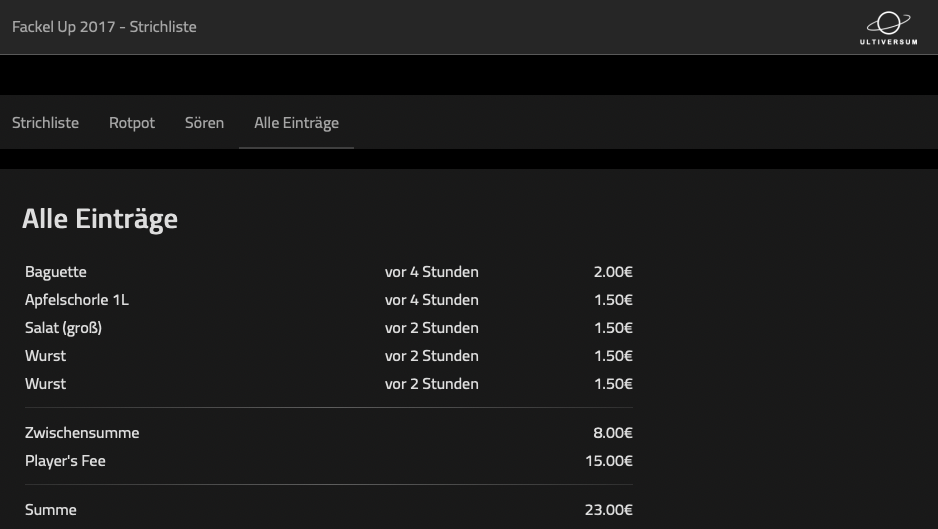 Screenshot Strichliste Einträge
